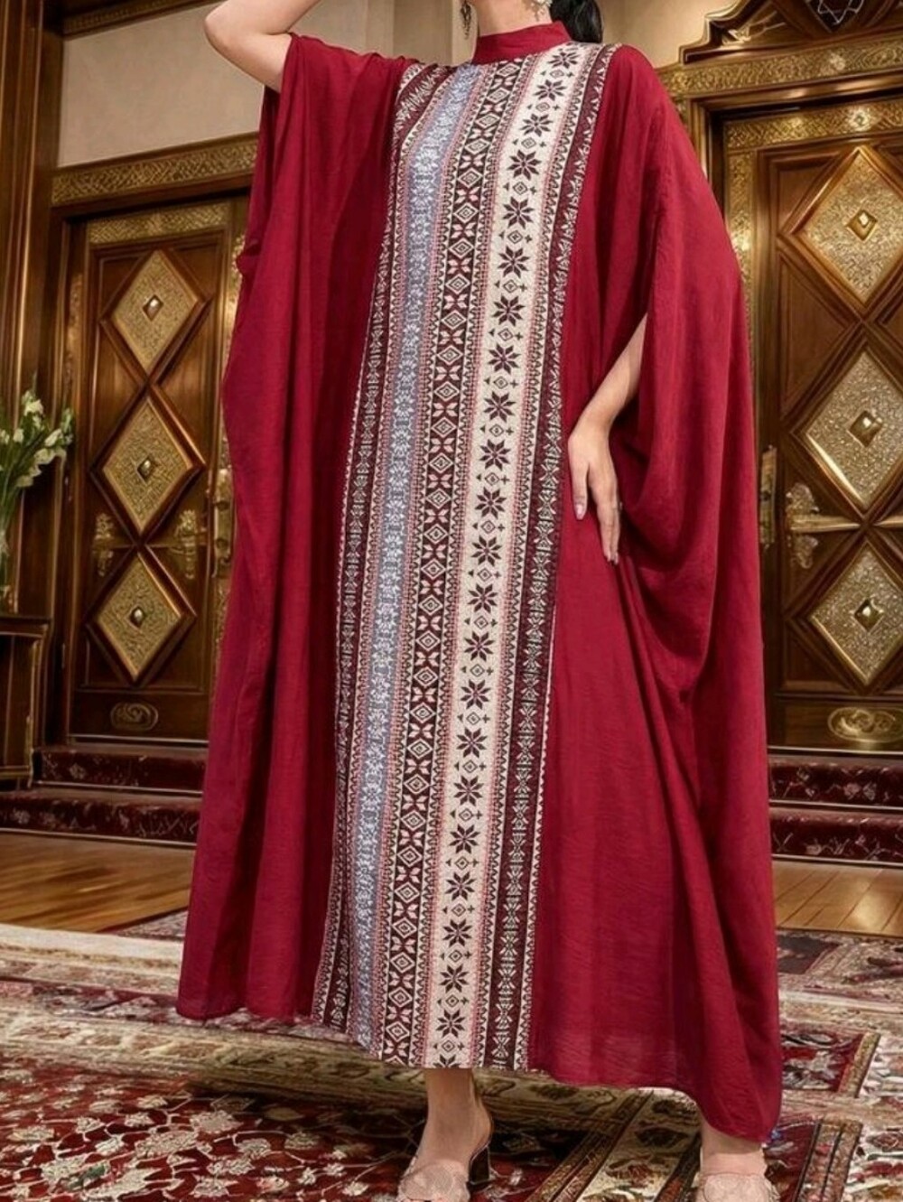 Burgundy Embroidered Maxi Kaftan Dress